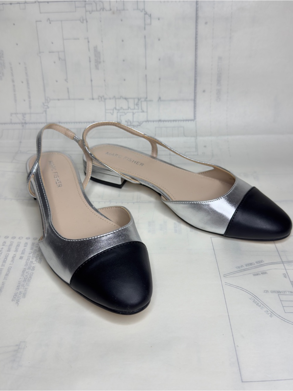 Marc Fisher Two-Tone Silver and Black Slingback Flats